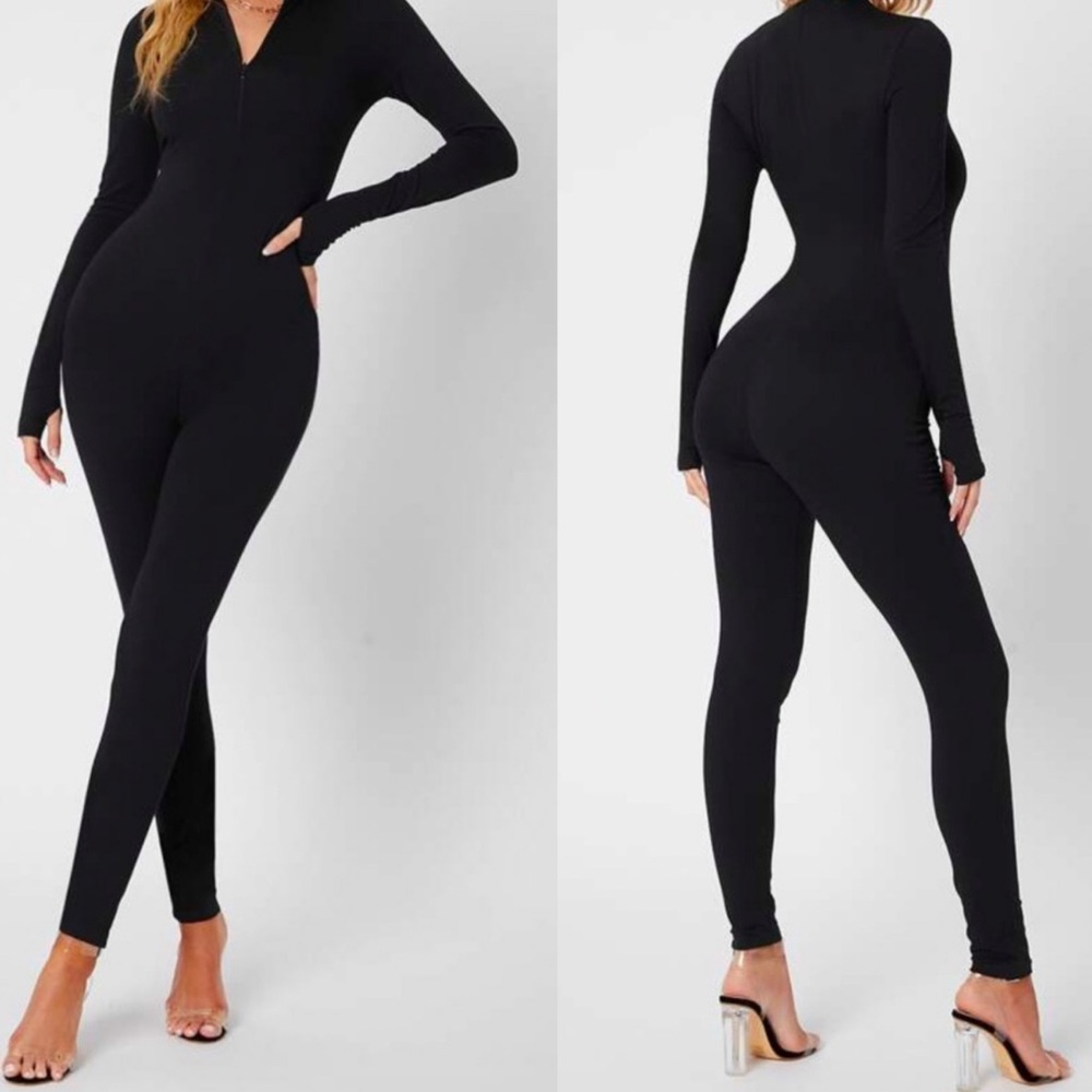 Black Zipper Unitard Jumpsuit